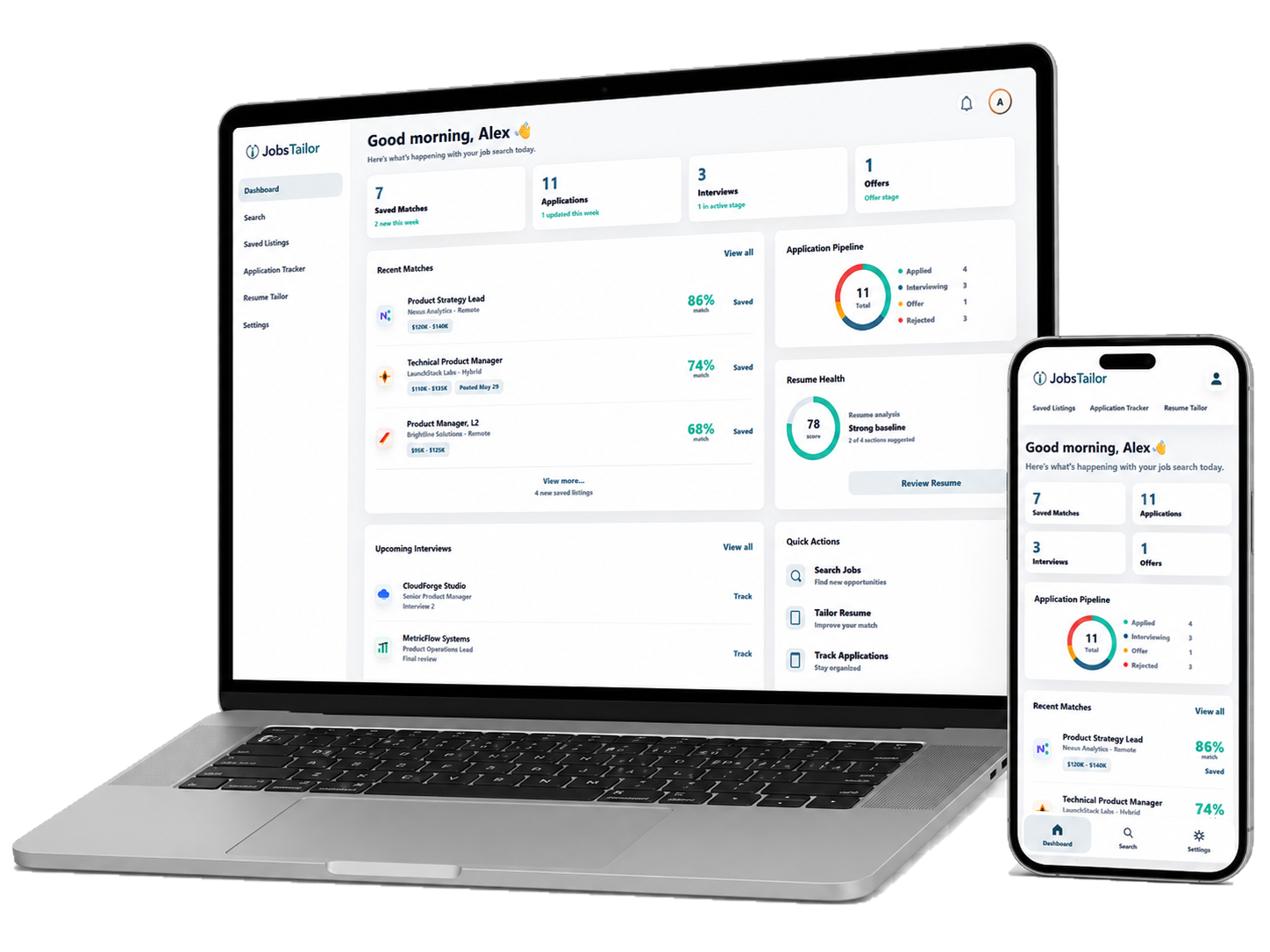 JobsTailor dashboard preview shown on a laptop and mobile phone