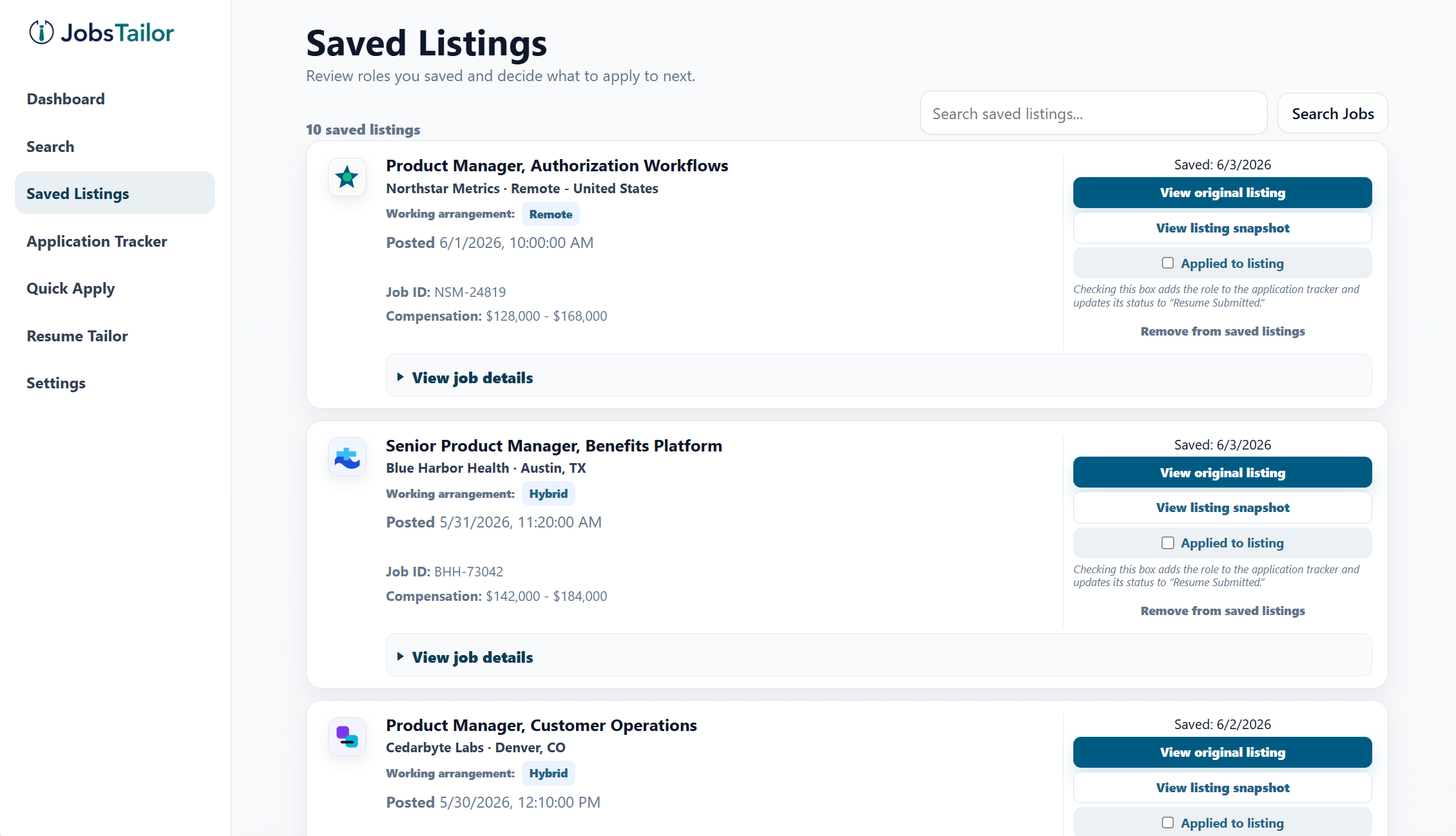 Saved listings preview