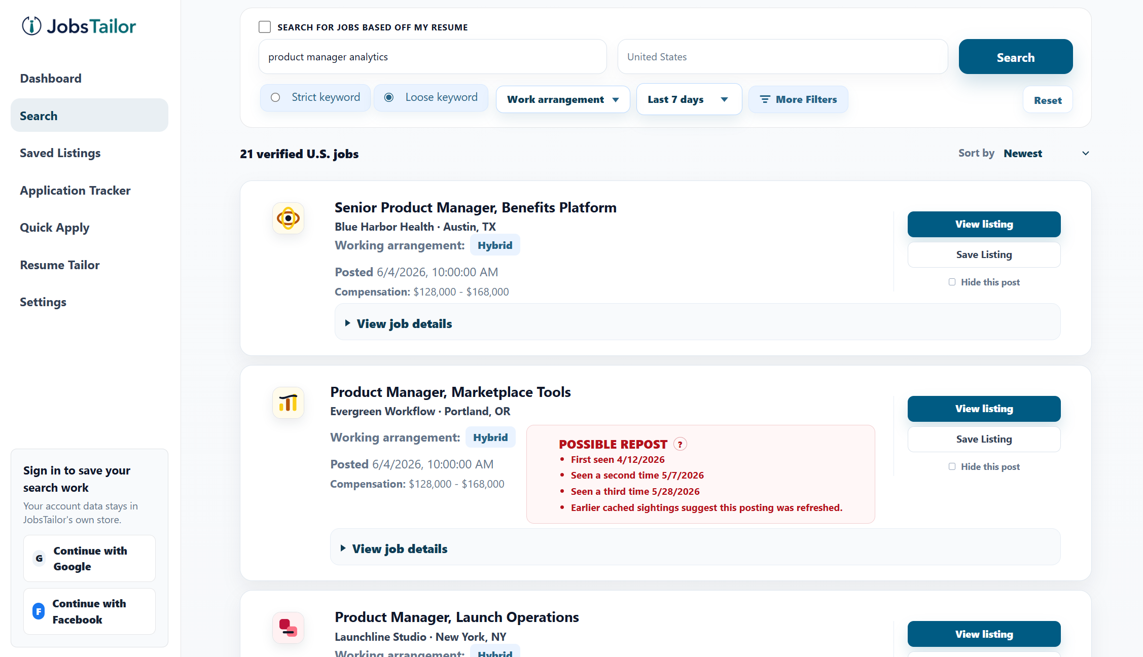 Keyword search results preview