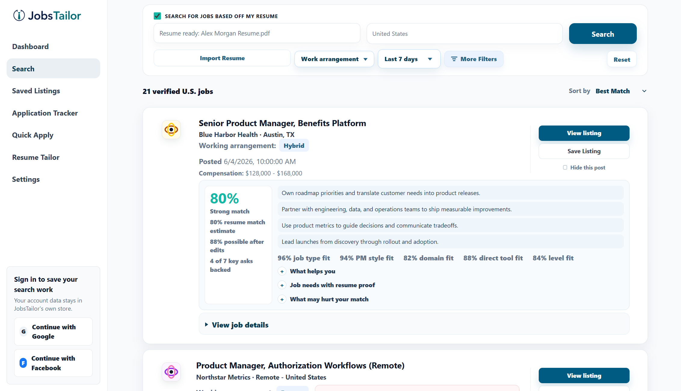 Resume-based search results preview