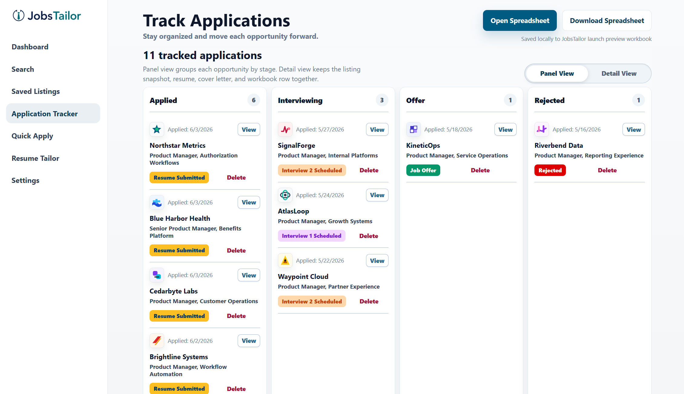 Application tracker panel view preview